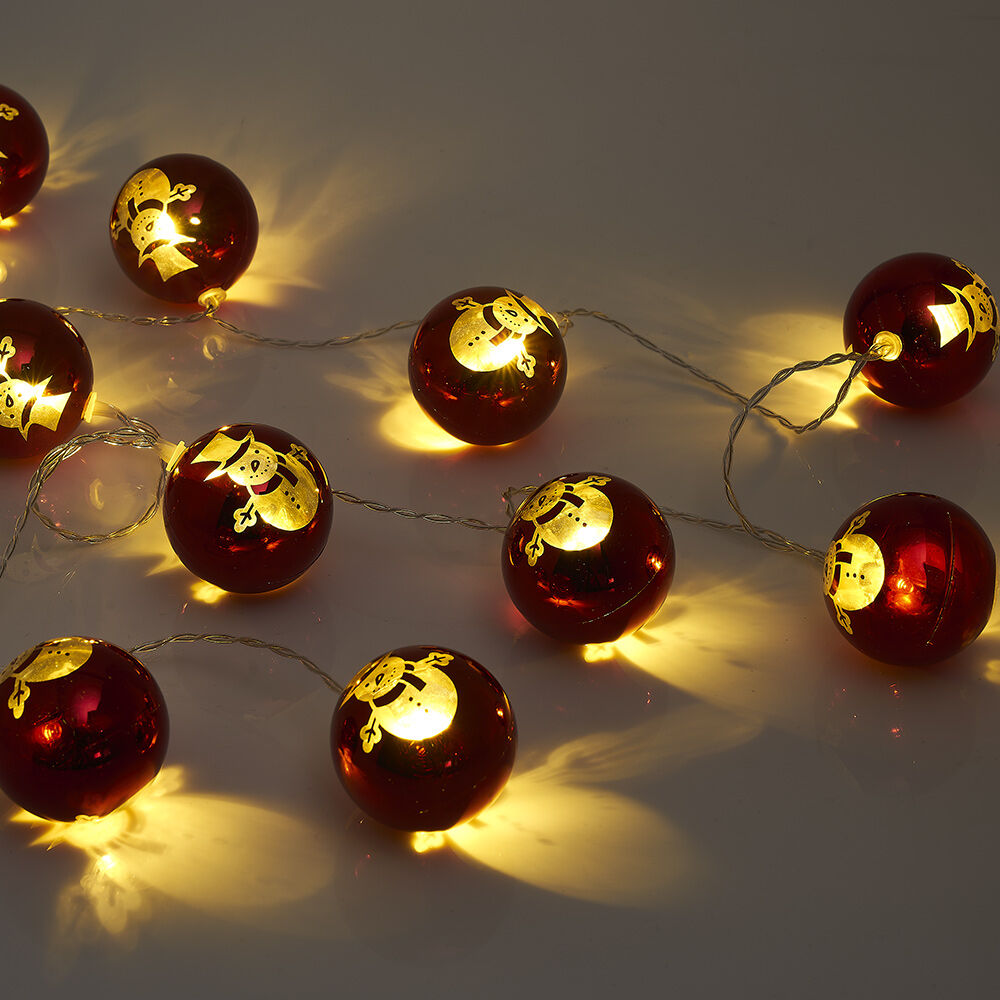 Guirlande lumineuse 10 boules rouges motif bonhomme de neige L.1,4 m