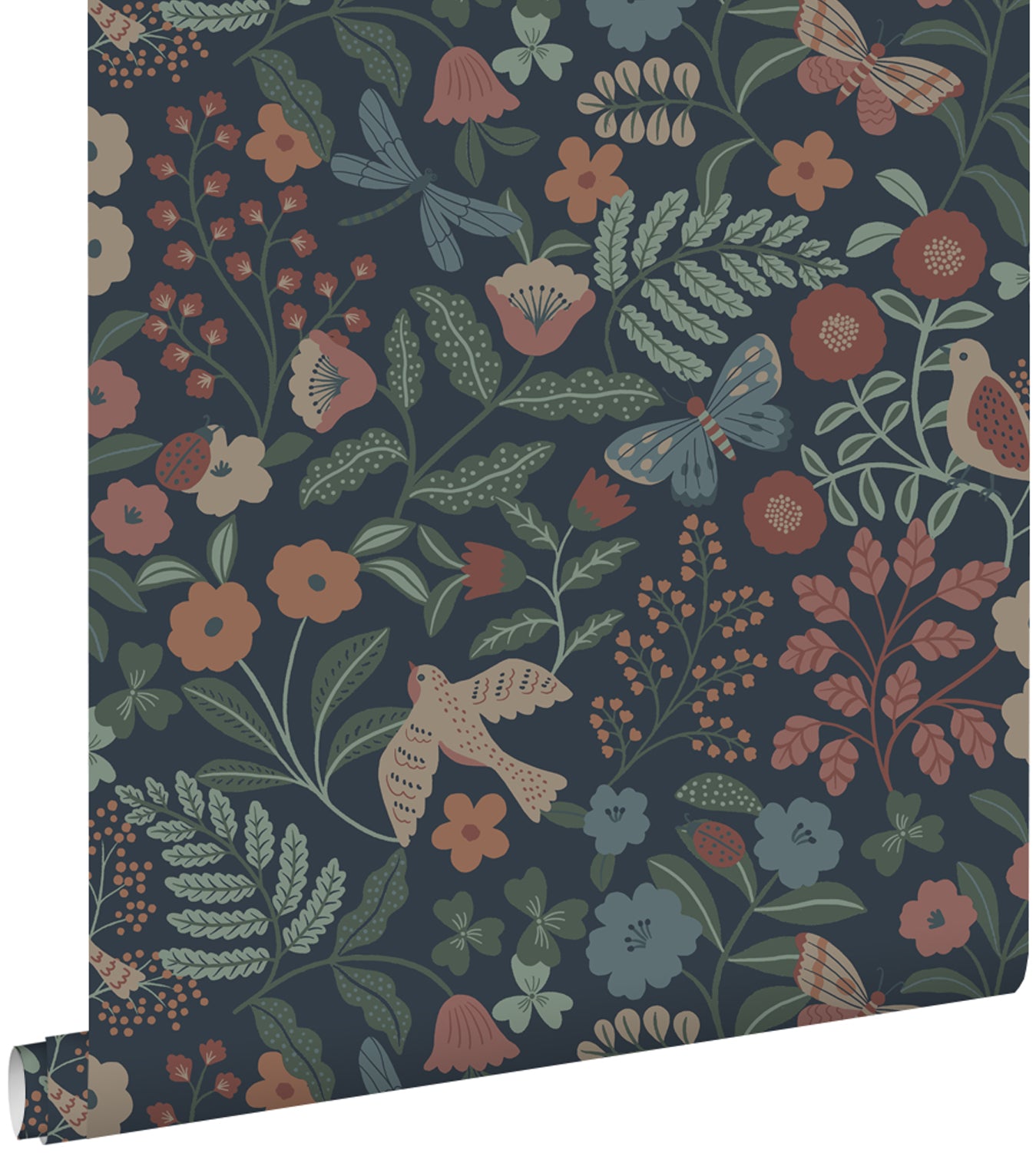 ESTAhome behang bloemen en vogels donkerblauw, roze en groen - 53 cm x 10.05 m - 139870