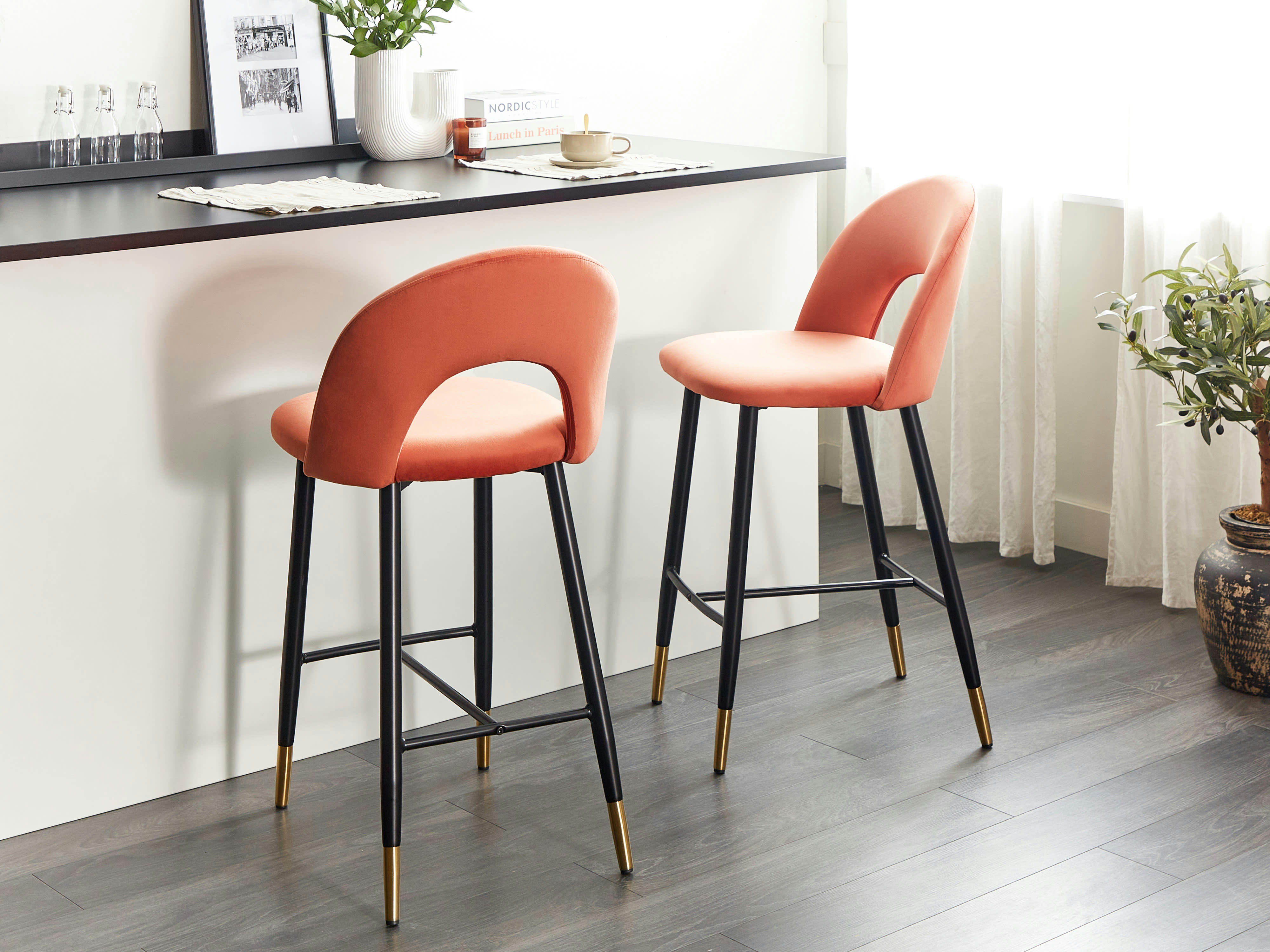 FALTON - Lot de 2 chaises de bar en velours rouge corail