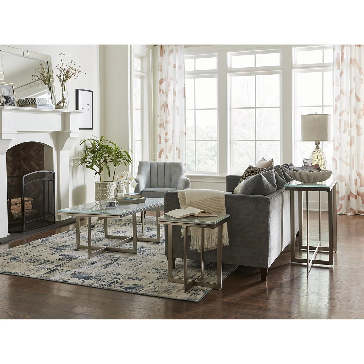 Eliza Media Console Table with Cracked Glass and Stainless Steel Base