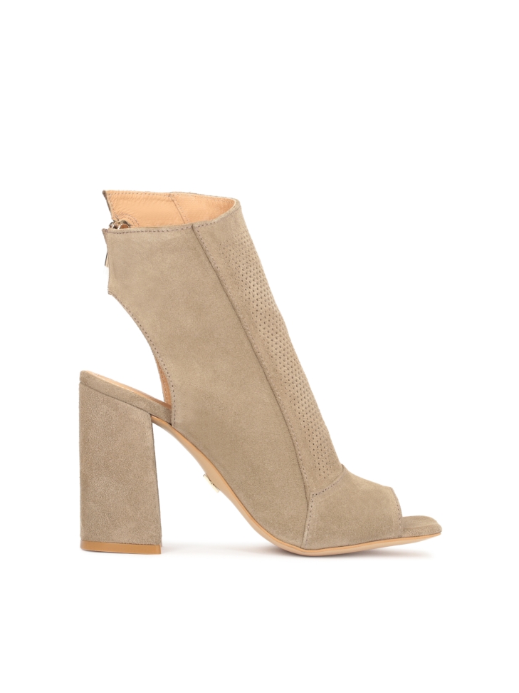 Suede peep toe booties with an open toe and heel