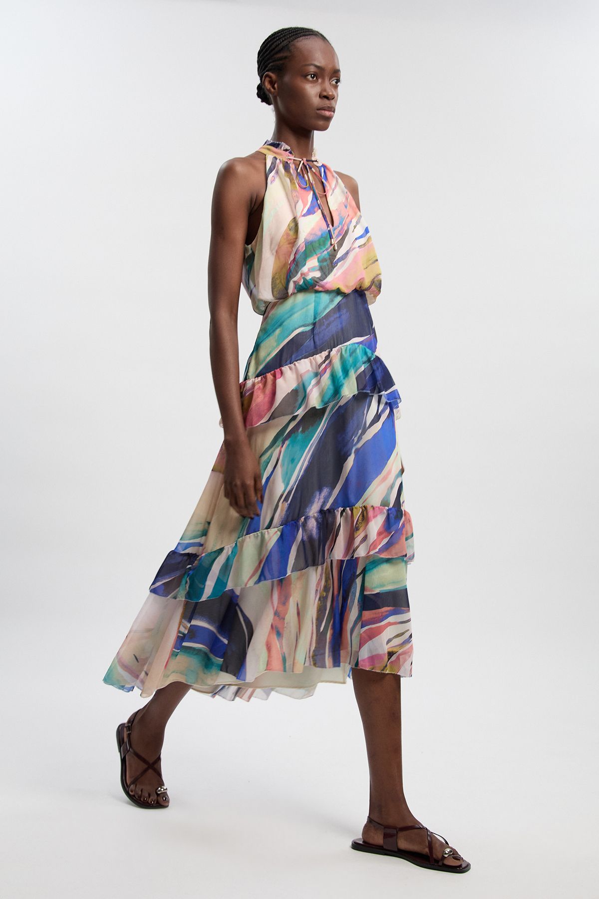 KarenMillen Marble Print Crinkle Chiffon Halter Neck Woven Maxi Dress