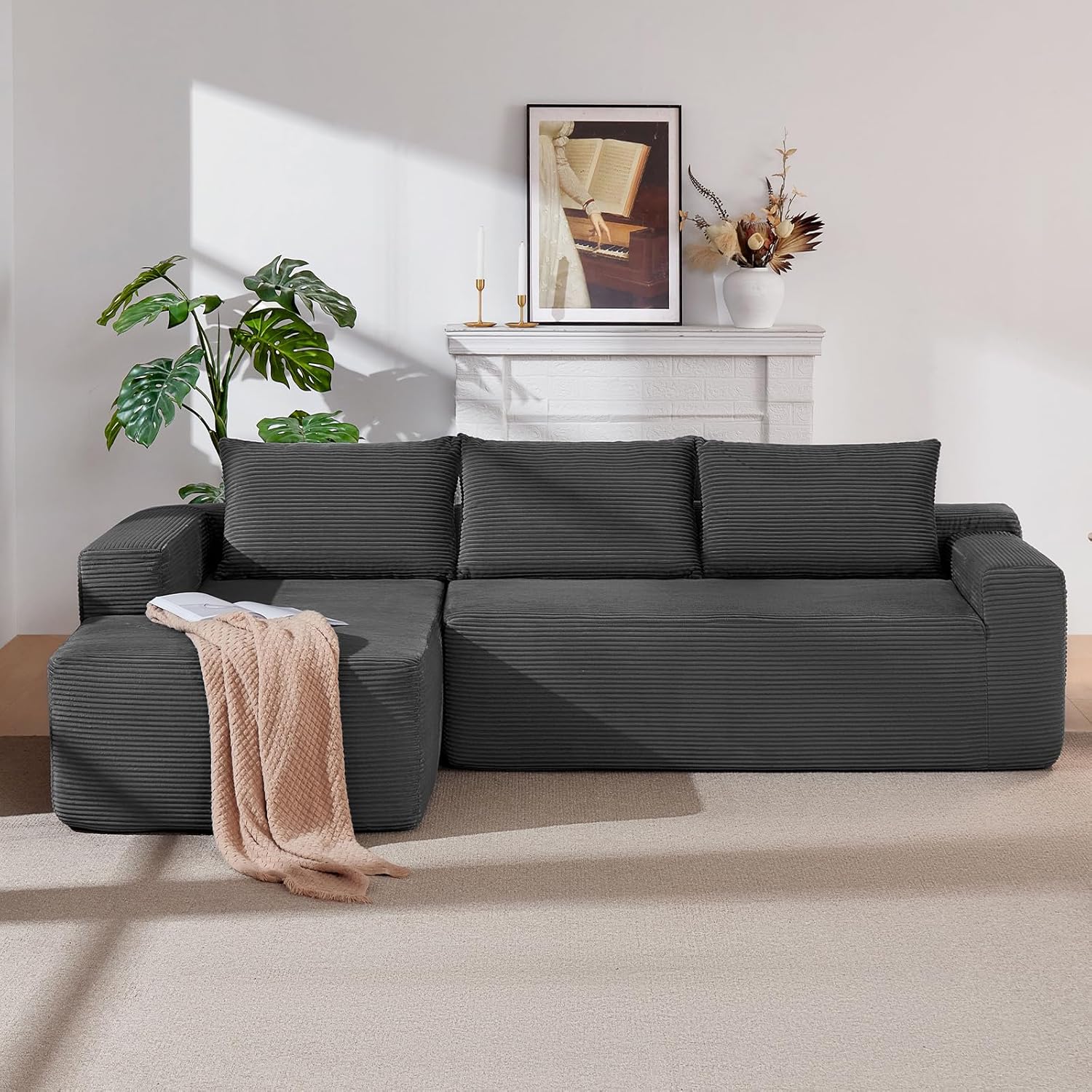 97 Cloud Sectional Couch, Modern Boneless Couch with L-Shape Chaise, Deep Seat Modular Sectional Sofa Corduroy Corner Foam Couches for Living Room,No Assembly Required(Dark Gray, Left Chaise