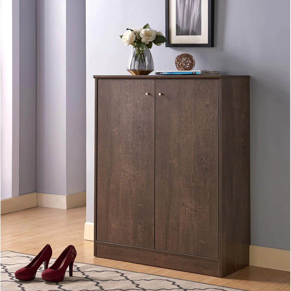 Shoe/Storage Cabinet with Two Doors Five Shelves - Dark Brown