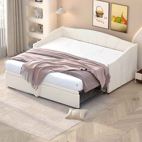 Lit Gigogne 90/180x200 cm Capitonné en Velours, Canapé-Lit Extensible avec Sommier à Lattes, Lit Multifonctionnel Moderne, Beige