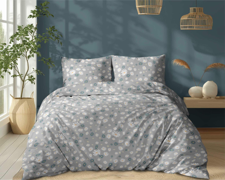 Pościel 220x200 Szara w stokrotki kwiatowy wzór, 100% bawełna - Soft Meadow