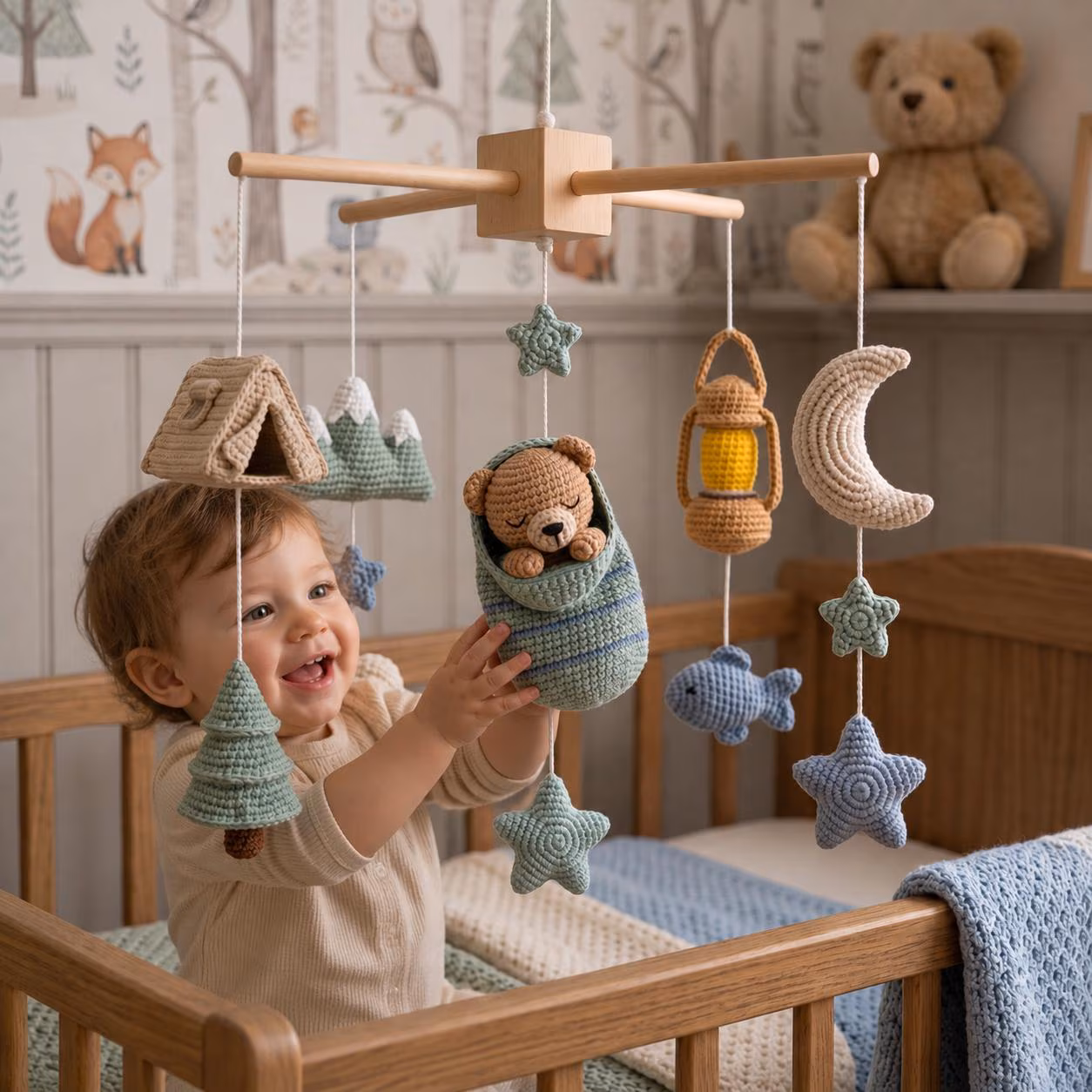 Handmade Camping Baby Mobile: Woodland Crib Mobile, Crochet Bear Nursery Mobile, Adventure Nursery Decor, Forest Baby Mobile Gift