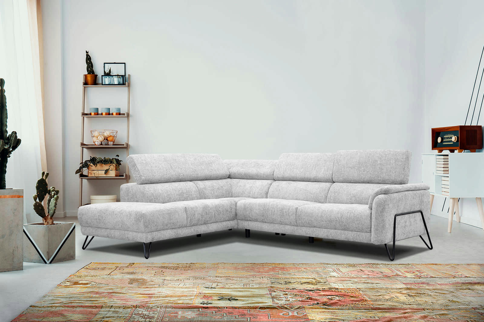 RODEN - Canapé d'angle gauche 5 places tissu gris clair