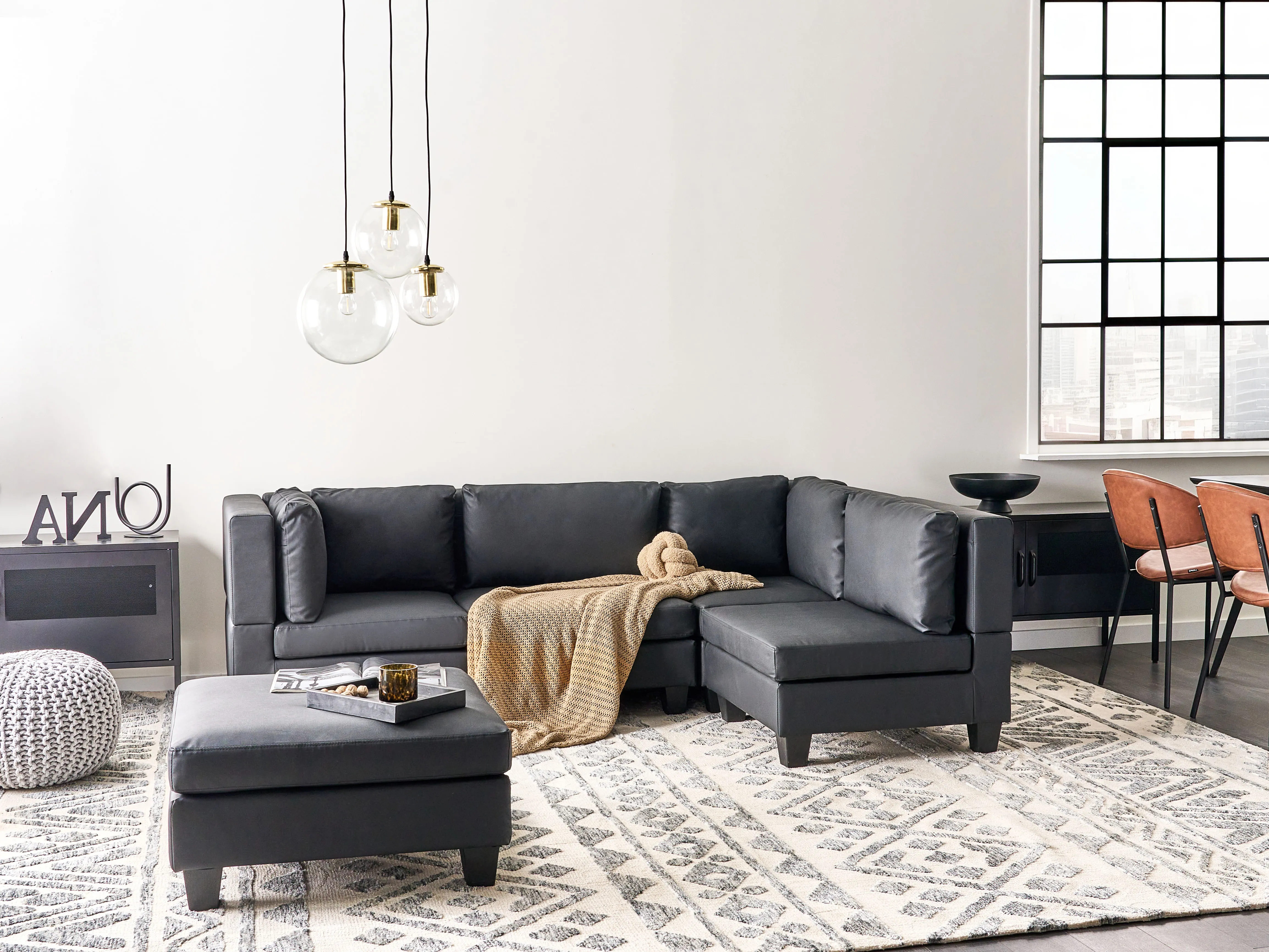 Modular Corner Sofa 4 Seater UNSTAD Faux Leather Black with Ottoman Left Hand