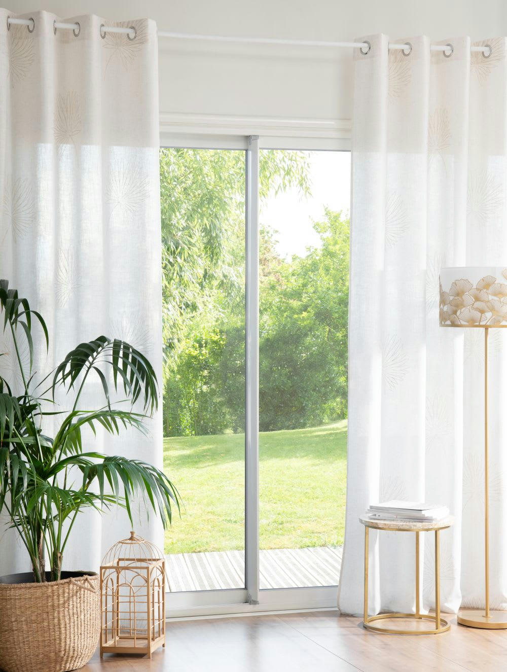 - Rideau à oeillets beige motif floral doré à l