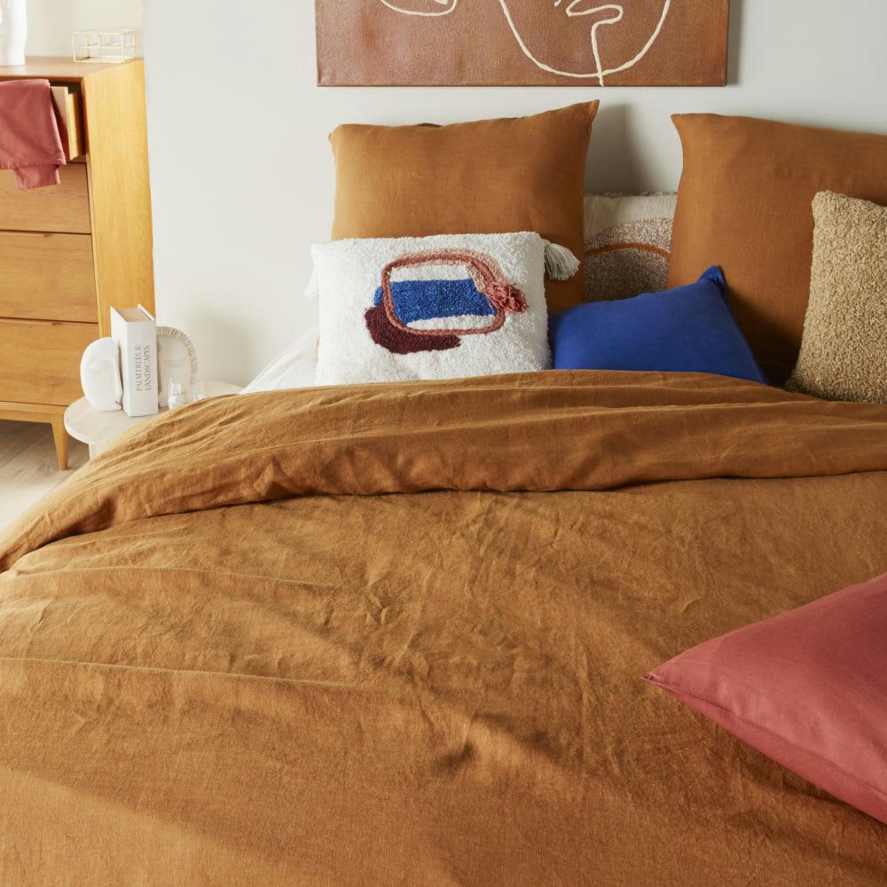 - Parure de lit en lin lavé caramel 240x220