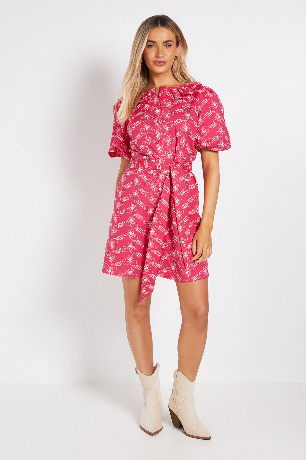 Dorothy Perkins Belted Puff Sleeve Embroidered Shirt Dress