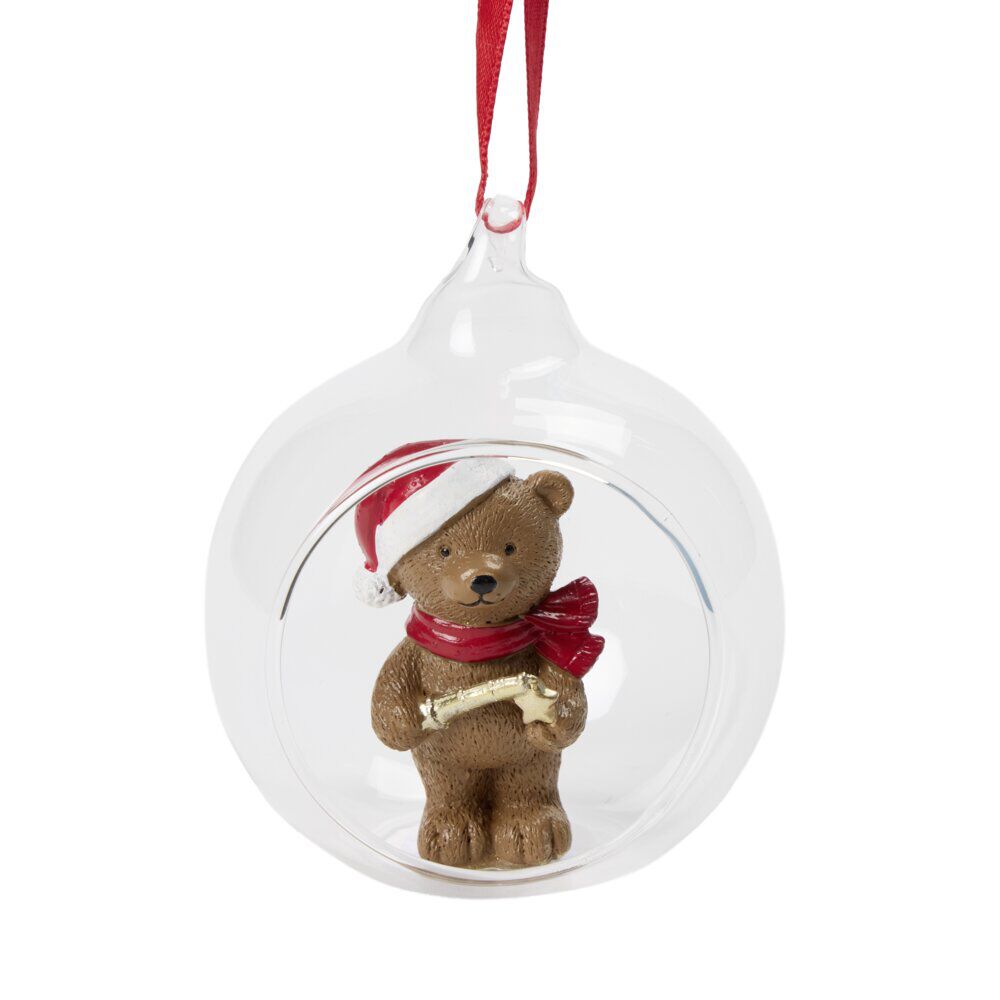 Boule de No&euml;l ouverte avec ours Ø9cm transparent (2 modèles)