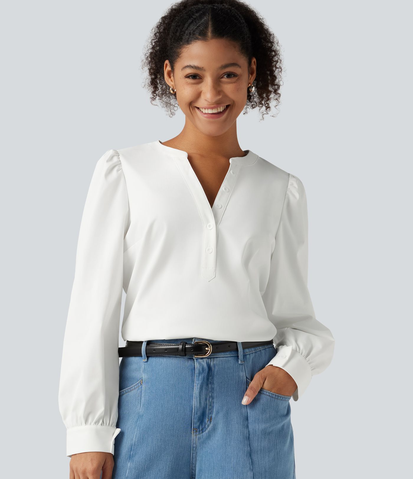 Blouse à col Henley et manches longues bouffantes