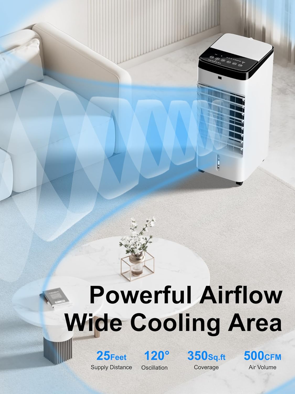 Uthfy Portable Air Conditioners, 3 IN 1 Evaporative Air Cooler with Detachable Water Tank, 6 Ice Packs, 12H Timer, 120° Oscillation, Remote, 3 Speeds, 4 Modes, Swamp Cooler for Bedroom, Office