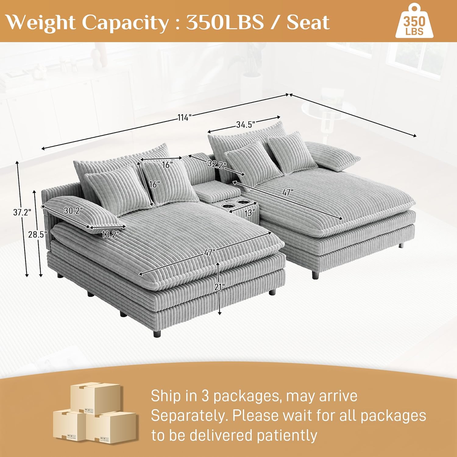 Oversized Chaise Lounge Chair Indoor with Cup Holders, Fast Charging USB, Storage & Adjustable Backrest, 114Wx 59D Comfy Corduroy Sleeper Loveseat Fluffy Reading Chairs for Living Room, Grey