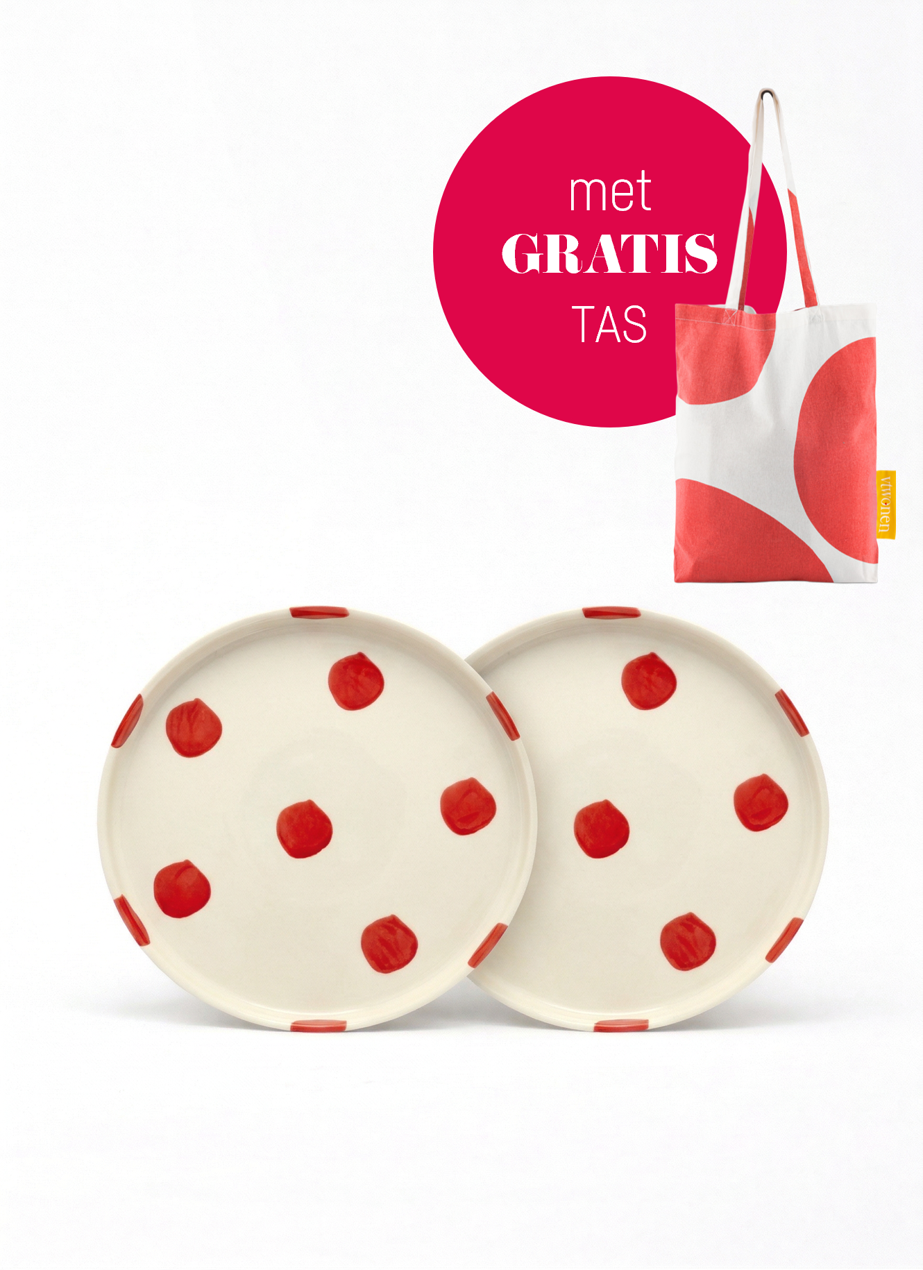 vtwonen - Lunchbord - Stippen - Rood - Set van 2 - Keramiek - 20cm