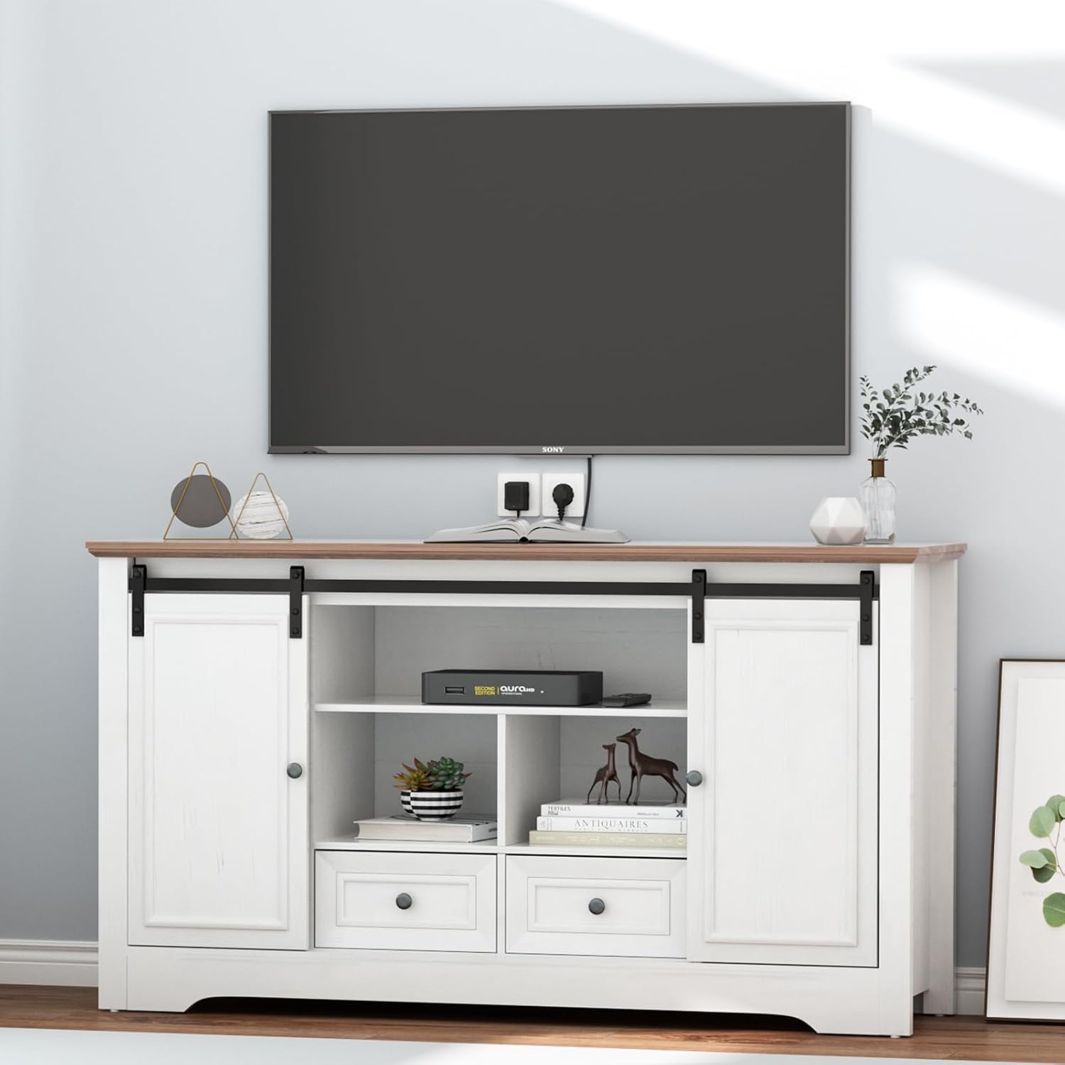 Farmhouse TV Stand for 60 Inch TV, 30 Tall Entertainment Center with 2 Drawers & Sliding Barn Door, Rustic Media Console with Storage Shelves, 55 Wood Television Stand for Living Room, White