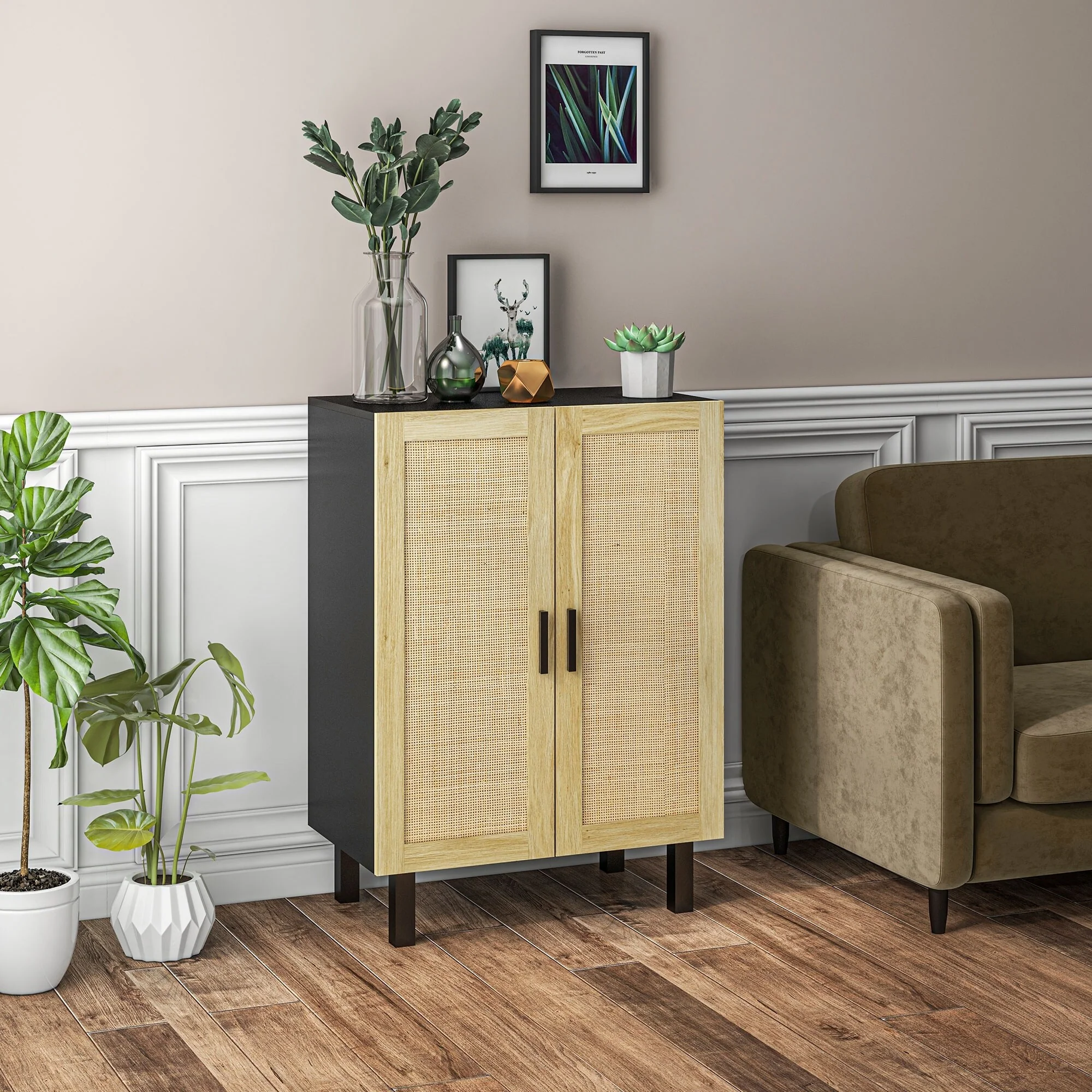 Boho Design Buffet Cabinet with 2 Rattan Doors and Adjustable Shelves for Living Room