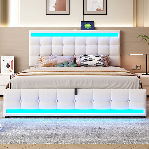 Lit enfant 180x200cm,lin beige, coffre hydraulique, éclairage LED réglable