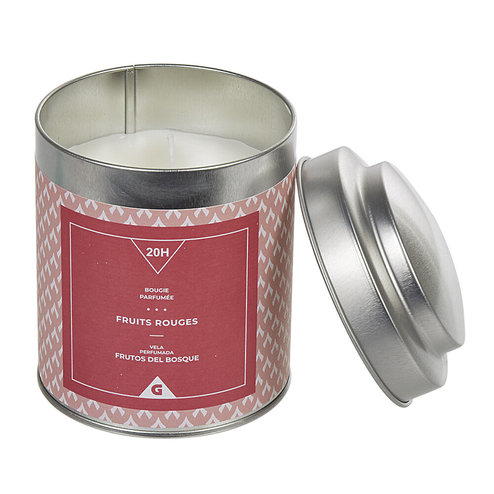Bougie parfumée dans pot en métal senteur fruits rouges