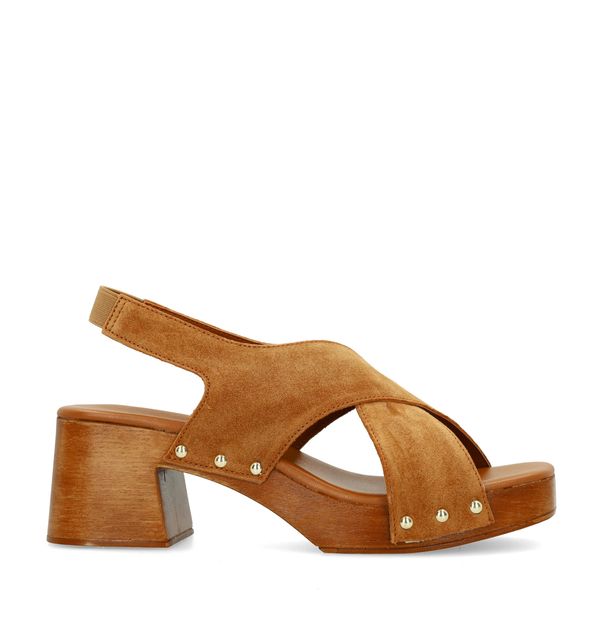 Cognac suède sandalen met houten hak