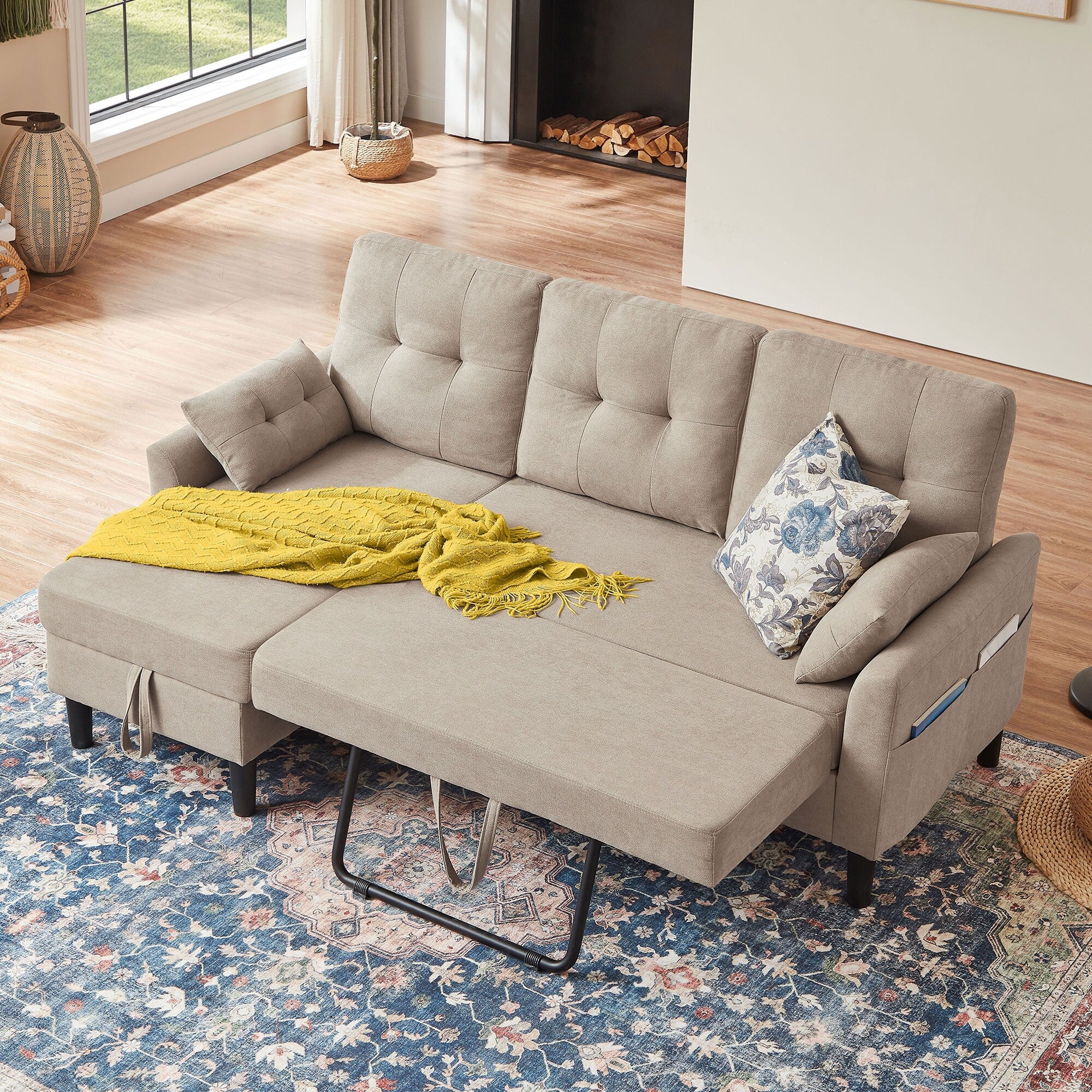 76.18 Upholstered Sleeper Pull Out Sofa Couch with Storage Chaise