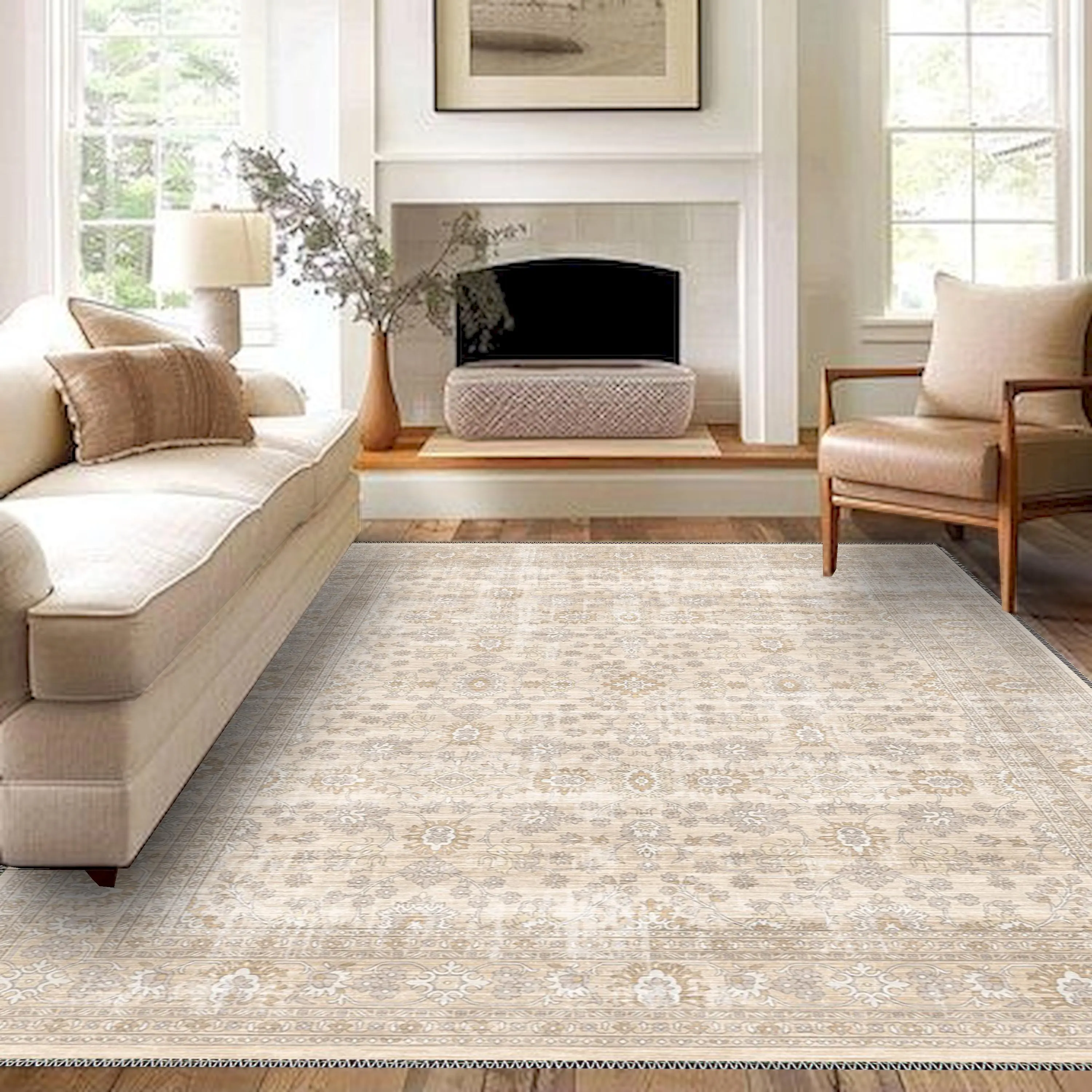 Beige Area Rug: Distressed Anatolian Style, Washable