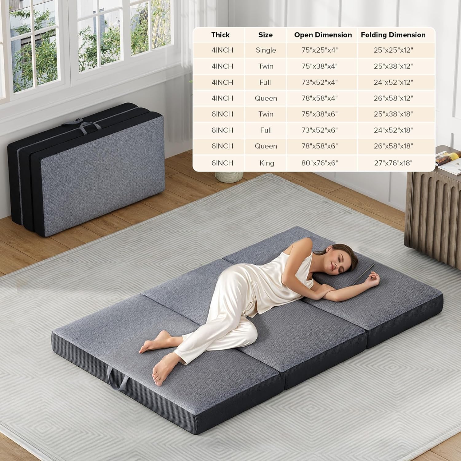 Trifold Mattress Full Size 6 Inch - Foldable Memory Foam Mattress for Camping, Travel, RV, Guest Bed & Yoga - No Slip Bottom, Washable Cover with Handles - Portable Folding Floor Cushion 73x52x6