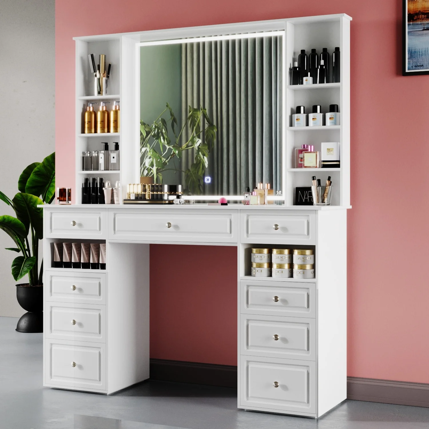Modern Vanity Set with Lighted Mirror,Extra Large Mirror Makeup Vanity Table with 9 Drawers,European Style Vanity