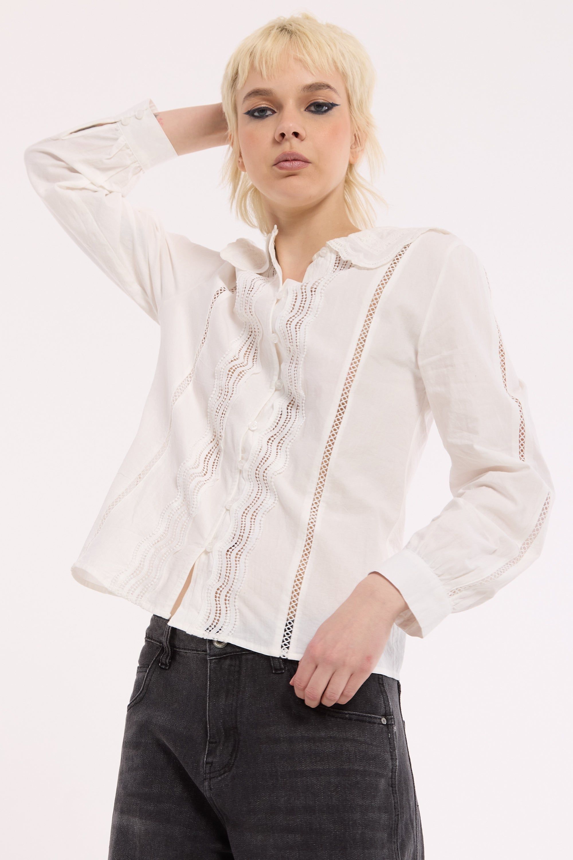 House of Holland Openwork Lace Panel Cotton Shirt