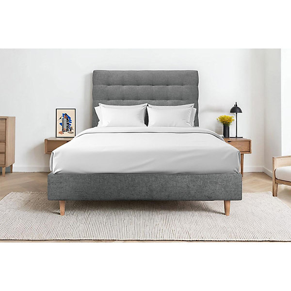 Lit avec tête de lit capitonnée tissu et sommier tapissier- Lit en bois massif