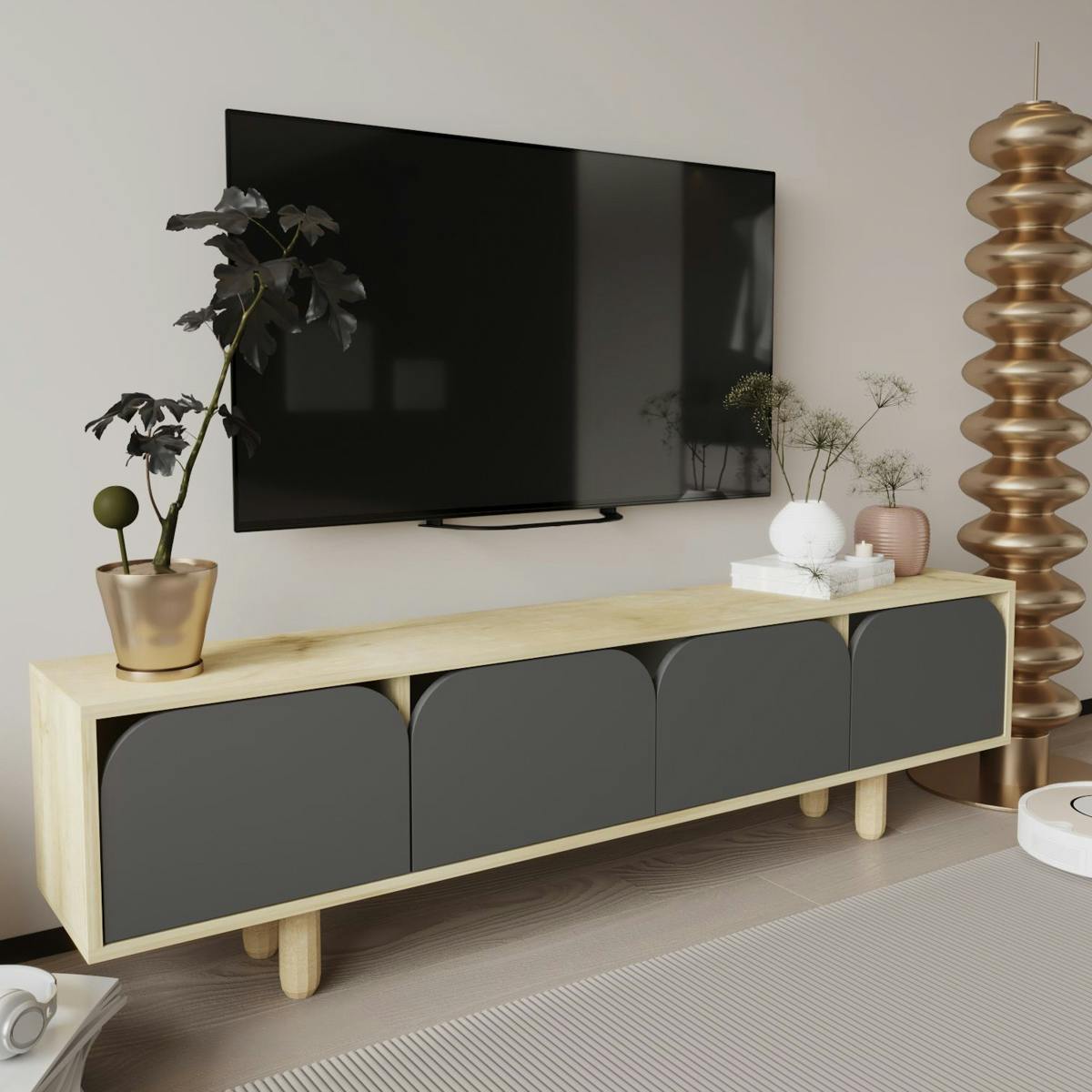 Meuble TV avec rangement, 4 portes courbes grises VAREN
