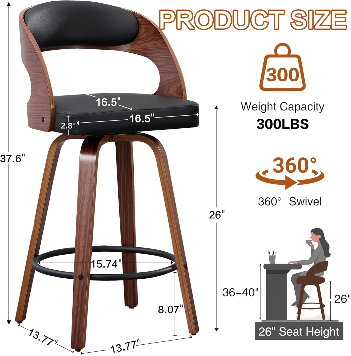 Swivel Bar Stools Set of 2, Walnut Counter Height Bar Stools with Back and Arms, 26 Modern Faux Leather Upholstered Bar Chairs with Bentwood Frame for Kitchen Island Bar - Black