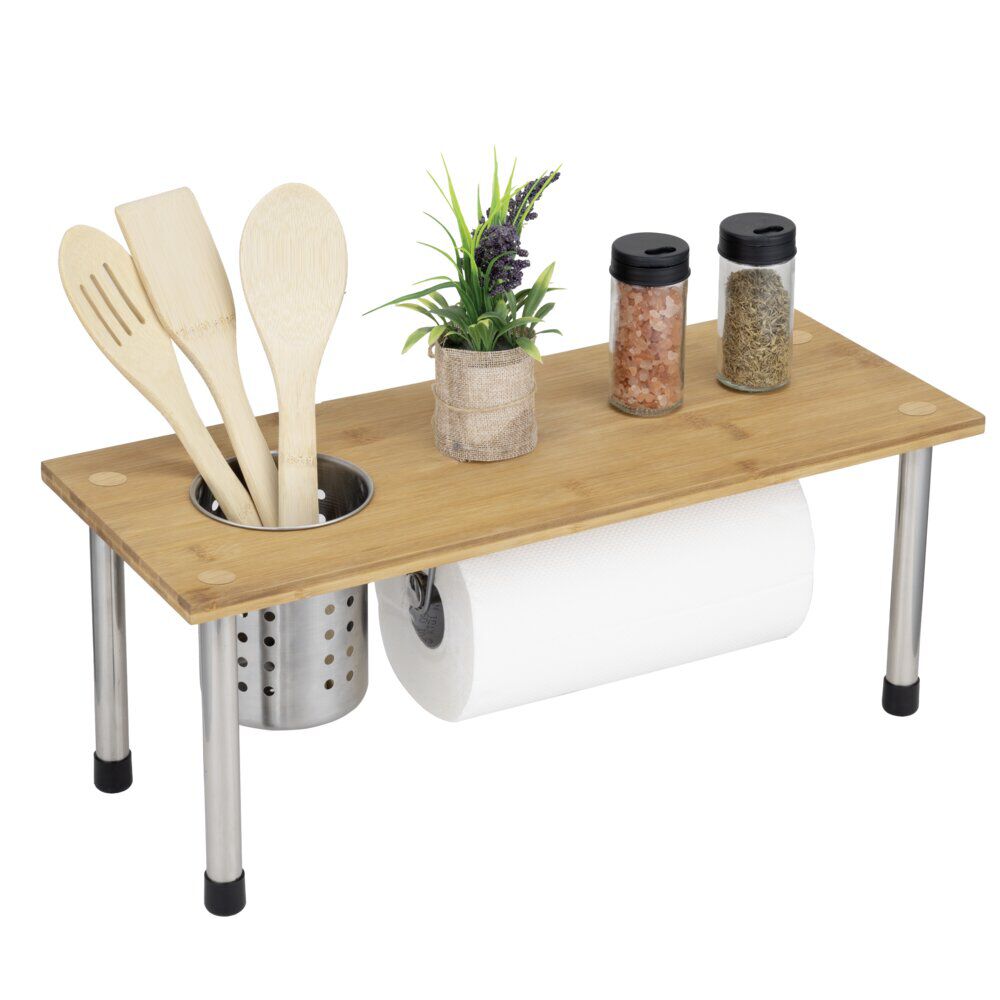 étagère de cuisine bambou avec pot à ustensiles et porte rouleaux L50xH19,5cm