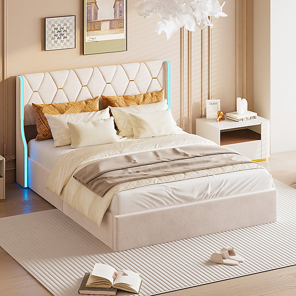 Lit double capitonné 140 x 190 cm, avec tête de lit et éclairage LED, espace de rangement,beige