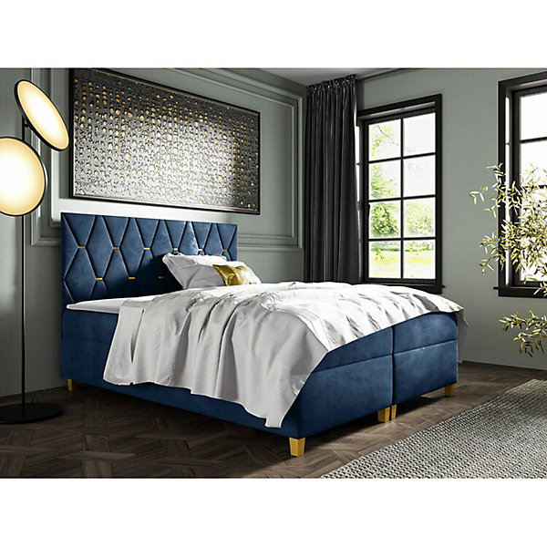 Lit continental Baltimore 176, Double, Bleu, Tissu, Disponible