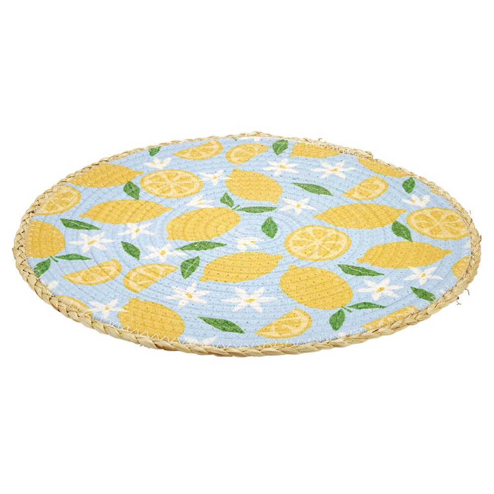 Set de table rond coton et paille citron jaune et bleu Ø35cm