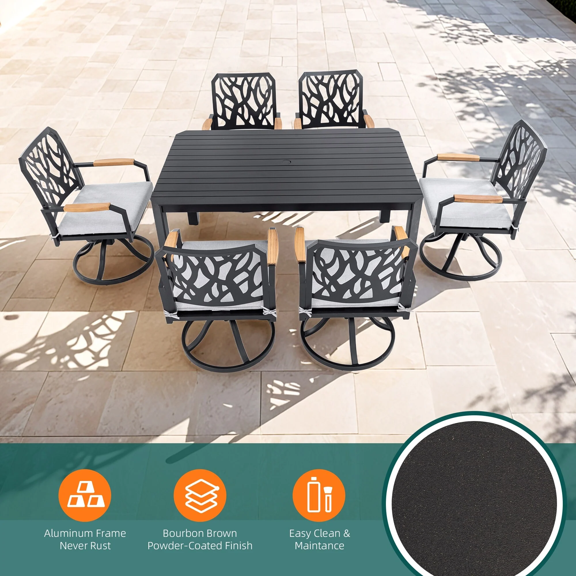 7-PC Outdoor Patio Aluminum Furniture Set, Modern Dining Set with 6 Swivel Rockers Sunbrella Fabric Cushioned, Nature-In