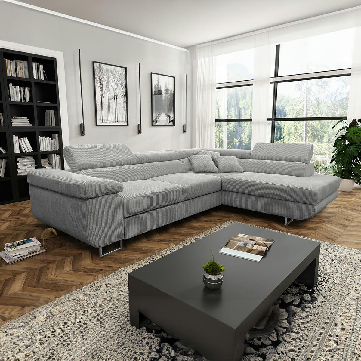 - Canapé d'angle convertible droit 4 places coffre velours côtelé gris