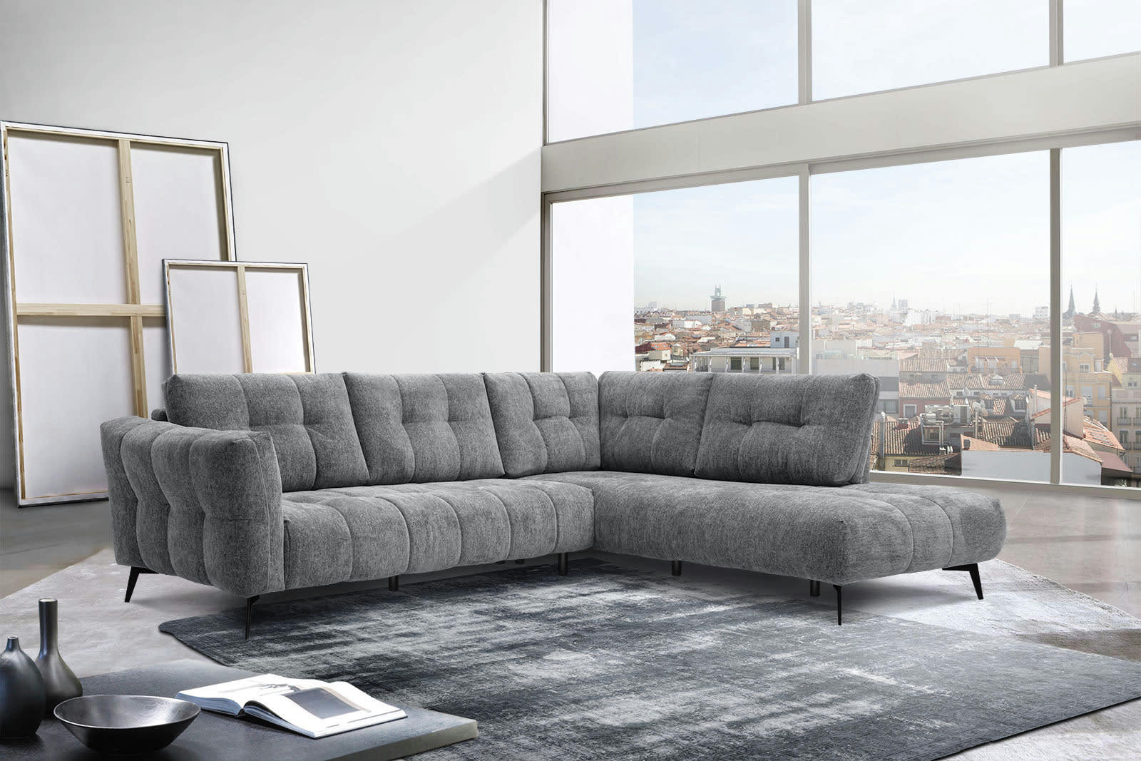 KALMER - Canapé d'angle droit 5 places tissu gris moyen