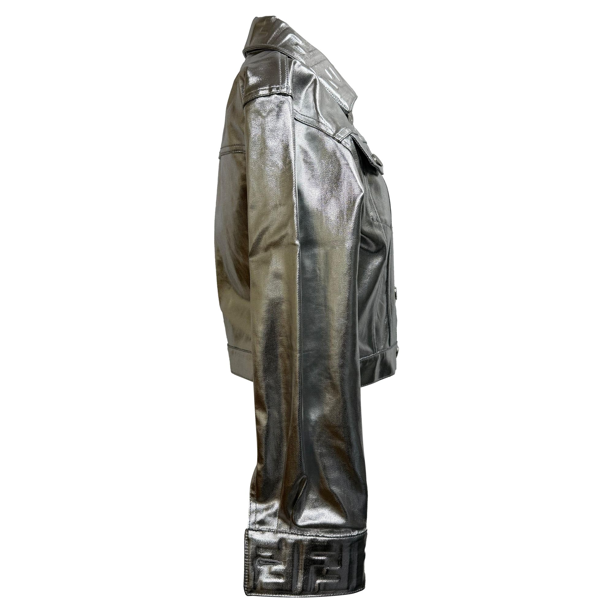Fendi Preloved Cropped Denim Jacket in Metallic Silver Cotton
