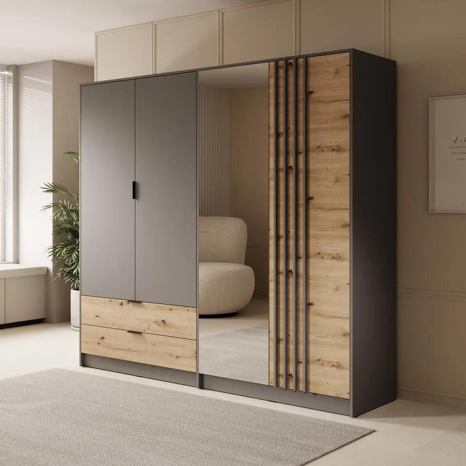 Meubella - Kledingkast Roma - Grijs - Eiken - 221 cm - Met spiegel