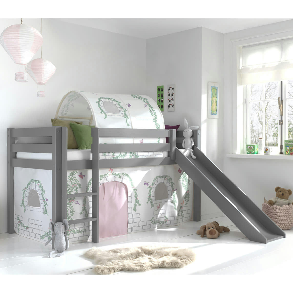 PINO - Lit mi-hauteur 90x200 toboggan sommier inclus housse birdy gris
