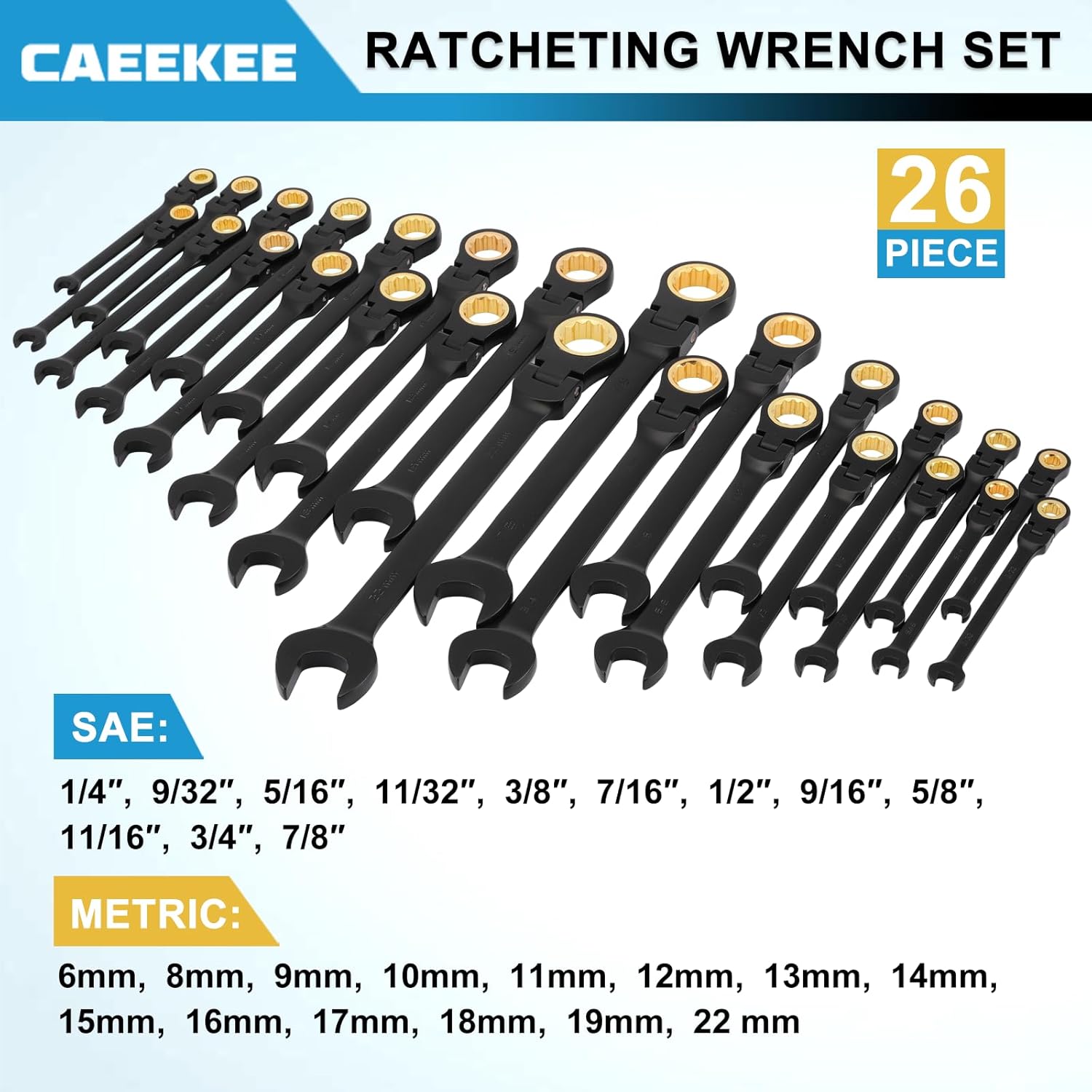 26-Piece Flex-Head Ratcheting Wrench Set, SAE & Metric, 12 Point, 72-Tooth Ratchet, Chrome Vanadium Steel, With Organizer Box