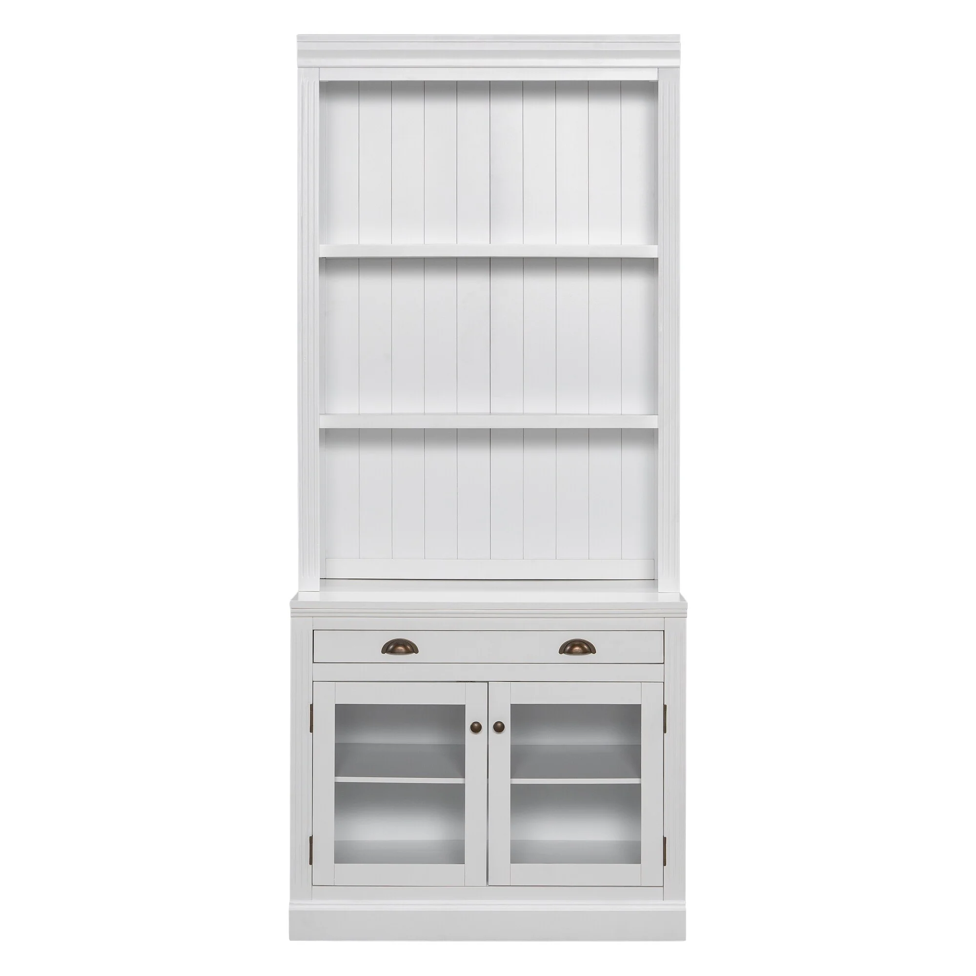 83.4Tall Bookshelf with LED Lighting, Modern Bookcase with 2 Glass Doors and 1 Drawer