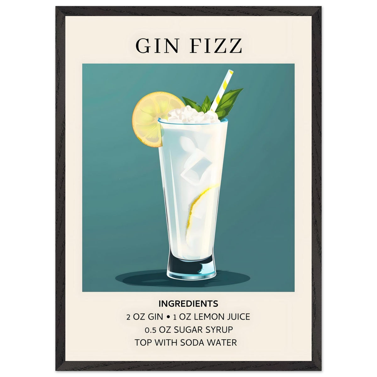 Artfulprints Poster met Lijst Gin Fizz cocktail - Ingrediënten  - 50x70 cm - Blauw