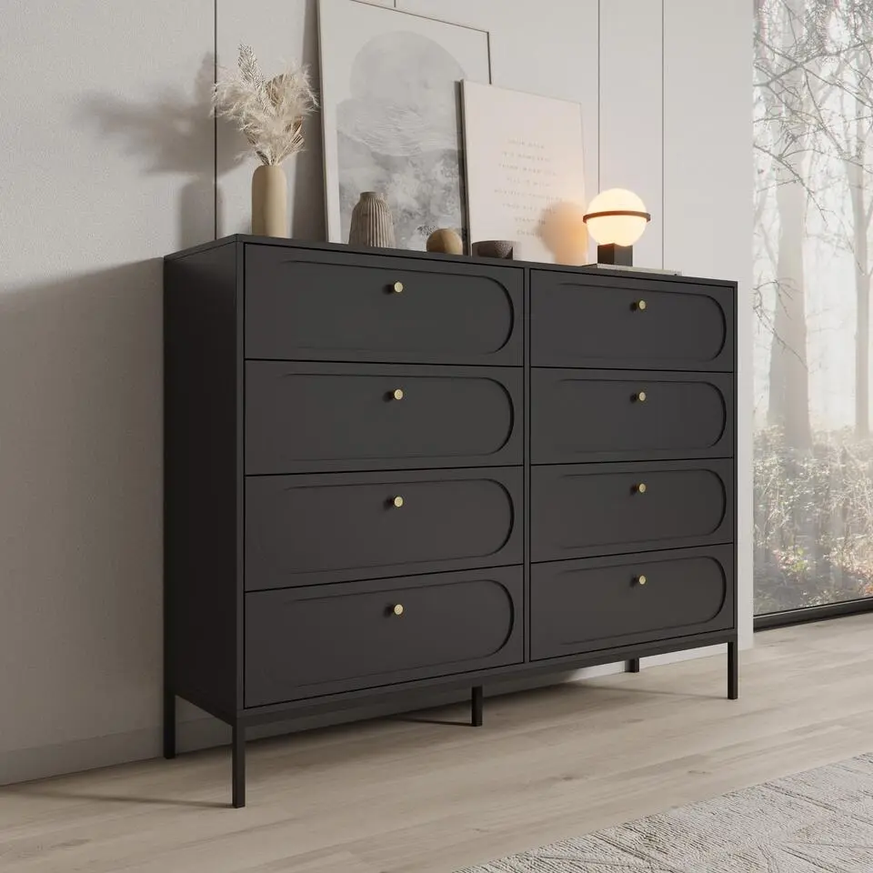 Meubella - Montserrat - Ladekast met 8 lades - Zwart - 150x40x115 cm