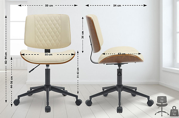 Chaise bureau Plover similicuir, réglable et pivotante, cadre bois courbé Noyer/Crème
