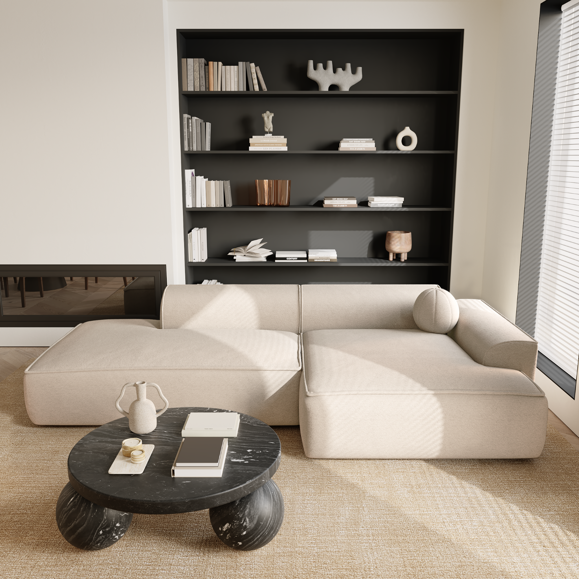 Rechte hoekbanken ANIA 4 personen Geweven stof Crème